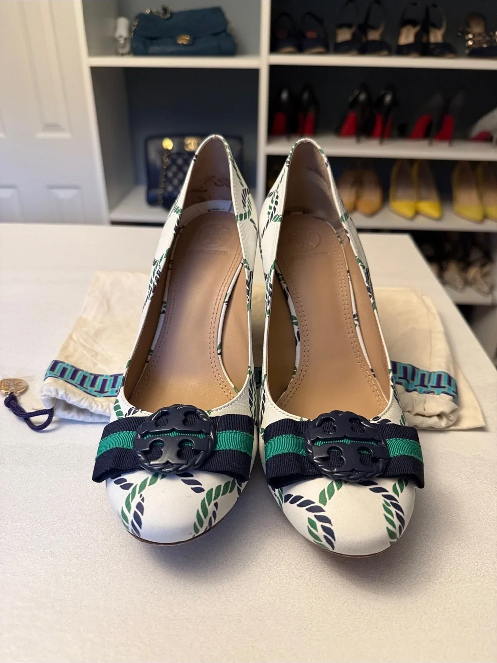 Tory Burch Maritime Nautical Rope-Print Pumps with Green & Black Bow Accent